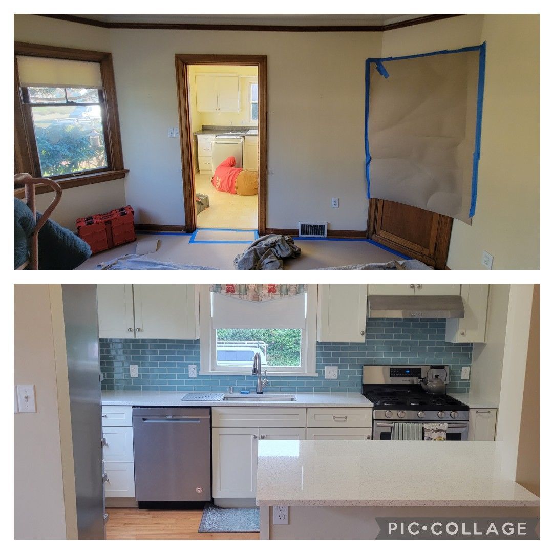 Before and after photos of a room renovation, showing a living space being prepared for paint and a completed kitchen.