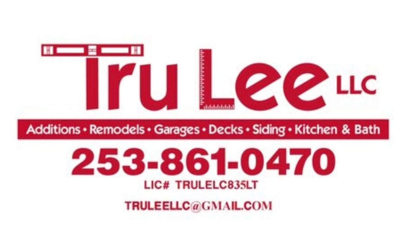 A red and white business card for Tru Lee LLC, listing services, phone number 253-861-0470, license, and email address.