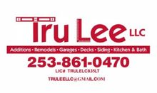 Logo for Tru Lee LLC construction services, featuring the name, contact number 253-861-0470, email, and license number.