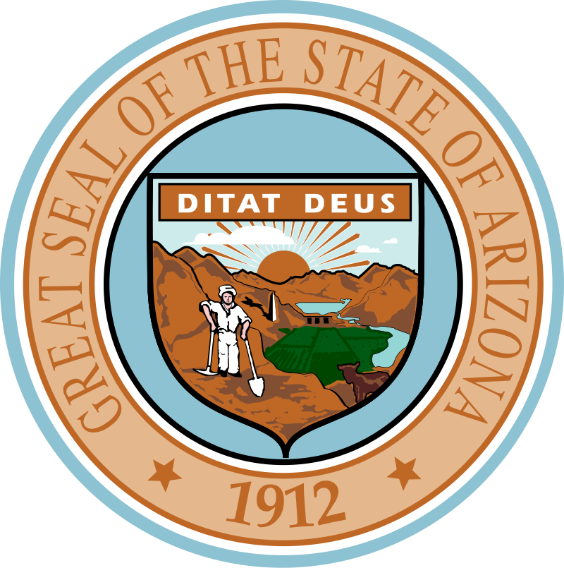 Arizona state seal, blue and gold with mountains, water, and a banner 
