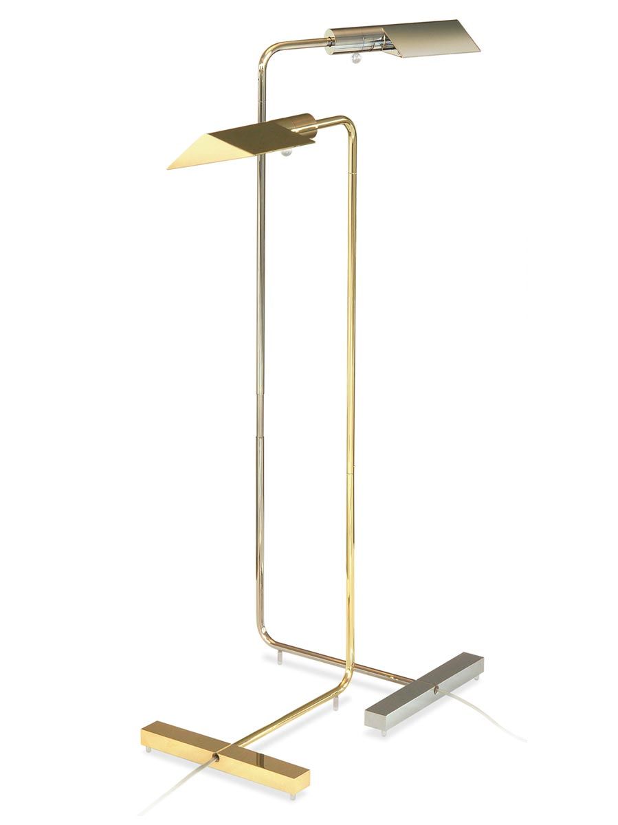 a brass floor lamp with two lights on a white background .