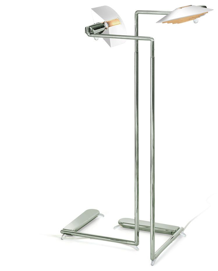 a silver lamp with two lights on a white background
