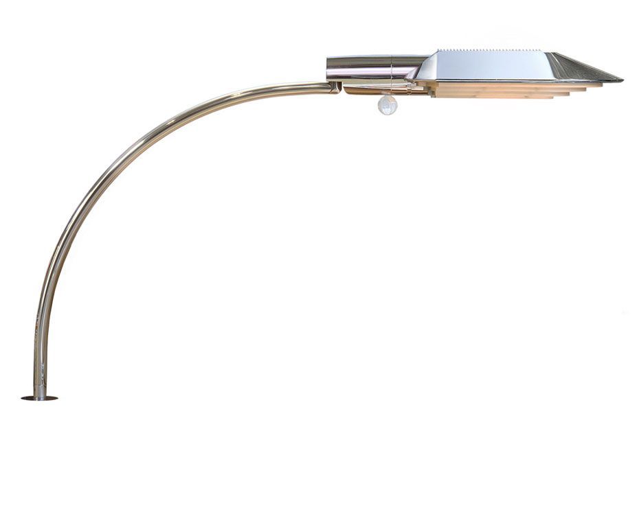 a stainless steel lamp with a curved arm on a white background