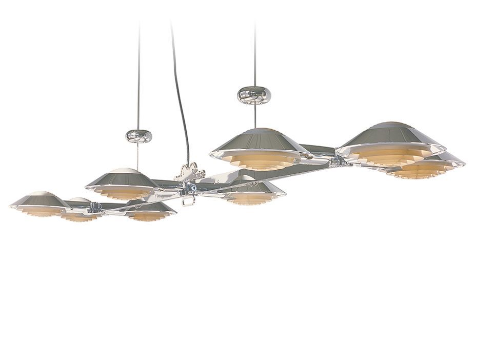 a row of pendant lights hanging from the ceiling on a white background .