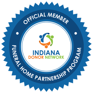 Indiana Donor Network official member badge with blue seal and orange-green logo