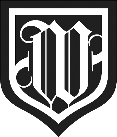 Black-and-white shield emblem with stylized intertwined Gothic initials inside a border