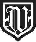 Black-and-white shield emblem with stylized intertwined Gothic initials inside a border