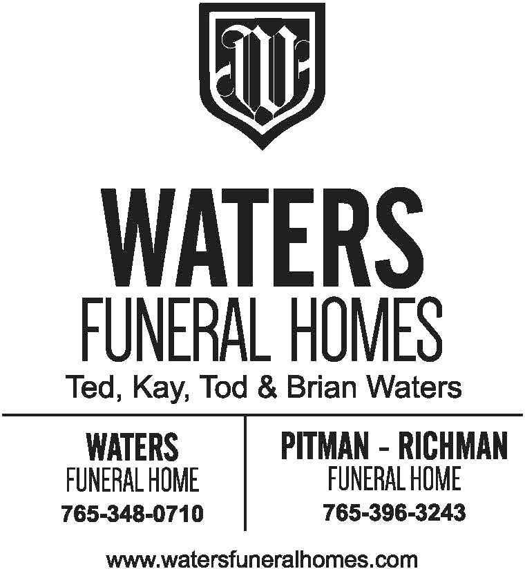 Black-and-white ad for Waters Funeral Homes with two locations, names, phone numbers, and website.