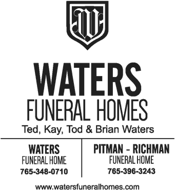 Black-and-white ad for Waters Funeral Homes with two locations, names, phone numbers, and website.