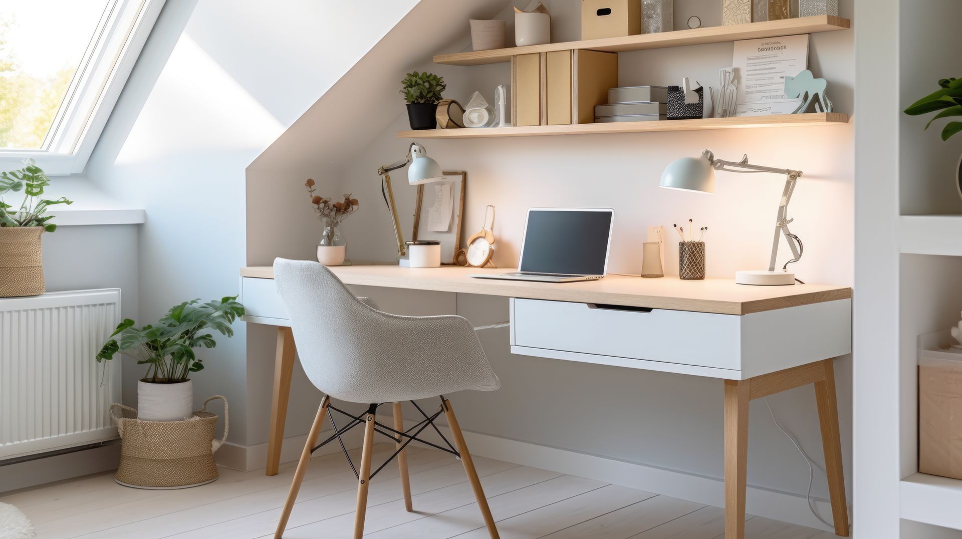 Bright attic home office with white desk, laptop, lamp, chair, shelves, and a potted plant