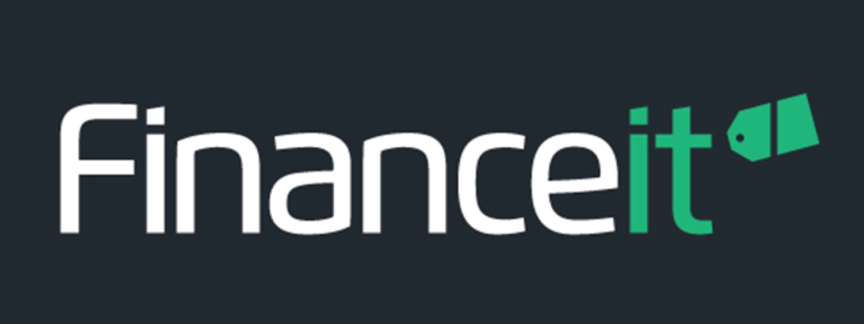 Financeit logo with white text and a green price tag icon.