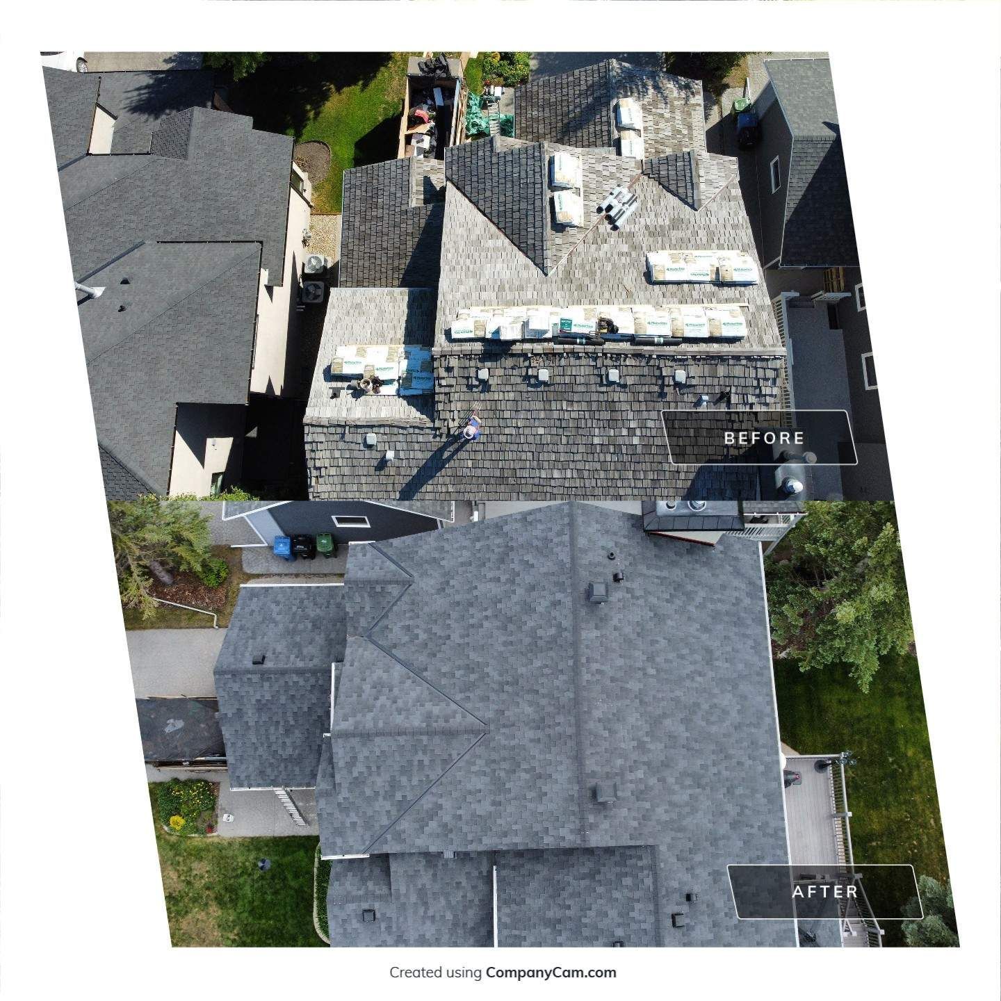 Aerial view of a house roof before and after a renovation, showing changes in shingle color and condition.