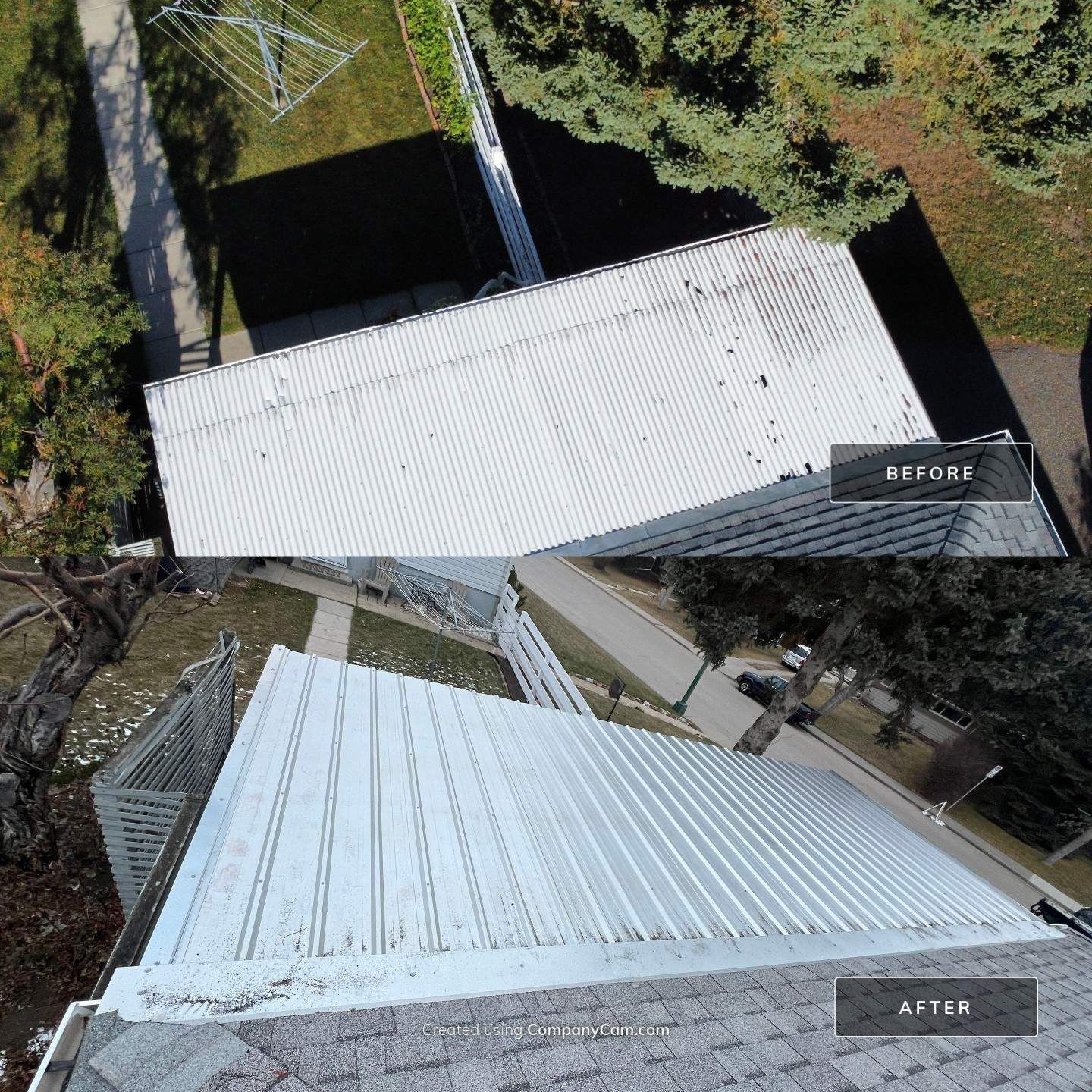 Comparison of a metal roof before (top) and after (bottom) cleaning, set outdoors with surrounding trees.
