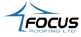 Logo for Focus Roofing Ltd., featuring a blue roof icon above the company name in black.