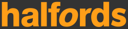 Halfords logo in orange lowercase letters on a black background