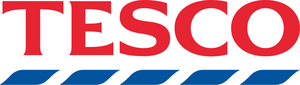 TESCO logo in red with blue striped underline on white background