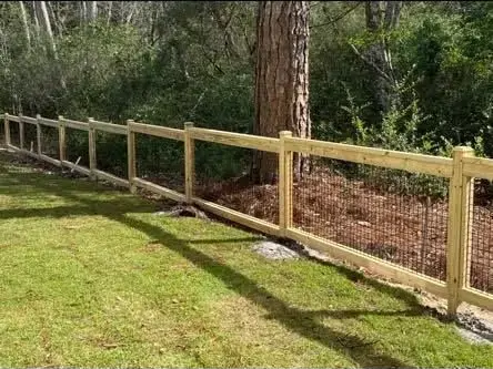 Wooden fence along a grassy yard beside trees and dense greenery