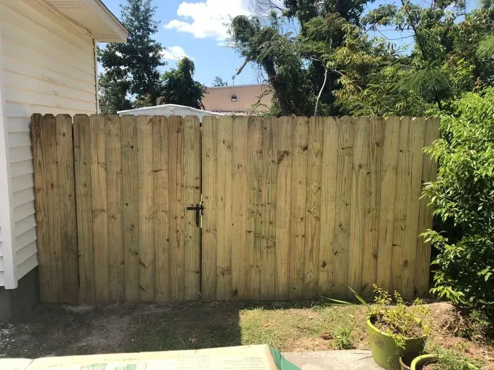 Wooden backyard gate in a fenced yard beside a house and shrubs, lit by sunlight