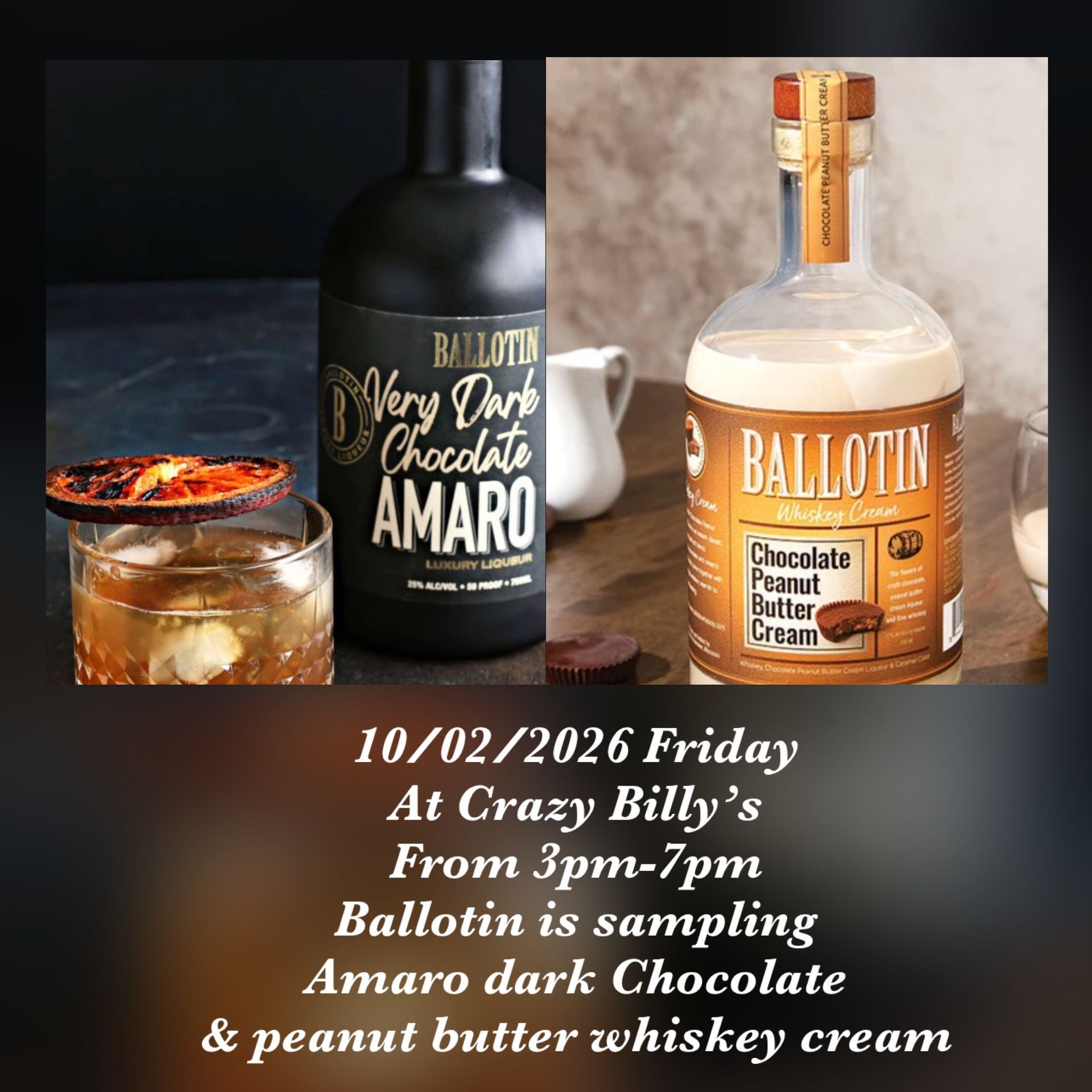 Promo poster for Beaverkill Cream and Distillery tasting, with liquor bottles and yellow event details on gray backdrop