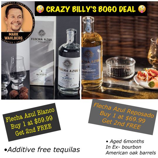 Crazy Billy’s 8000 deal ad for Azul tequila bottles and barware on a dark background.
