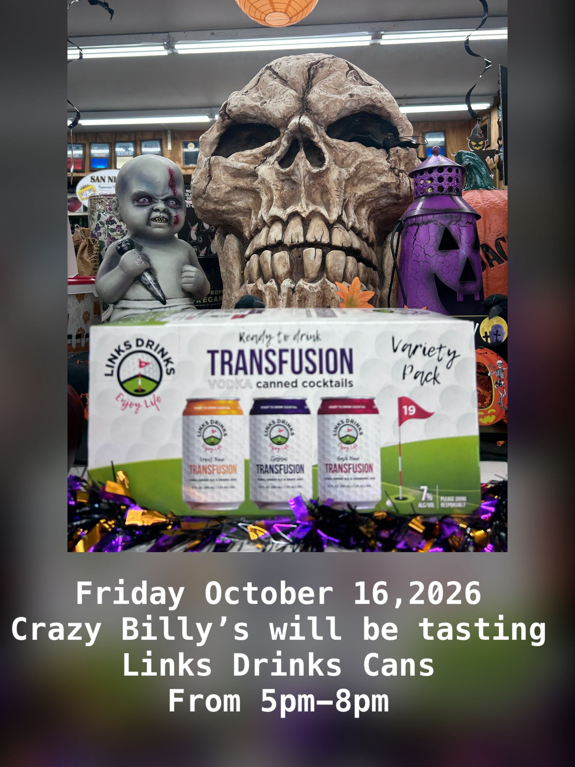 Fireball Whiskey display with tasting event details at Crazy Billy’s, Friday 10/09/2026.