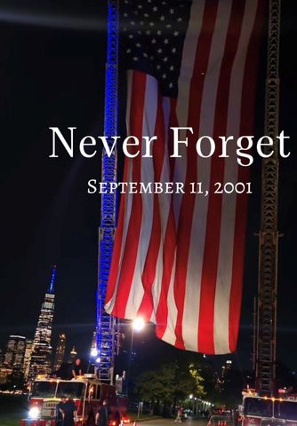 Never Forget memorial with U.S. flag and New York skyline, September 11, 2001