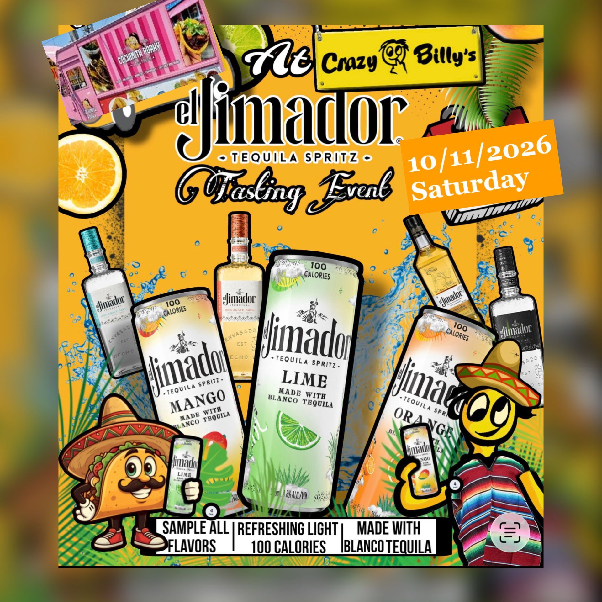 El Jimador tequila tasting event poster with colorful bottles, lime drinks, and Saturday date 10/13/2026