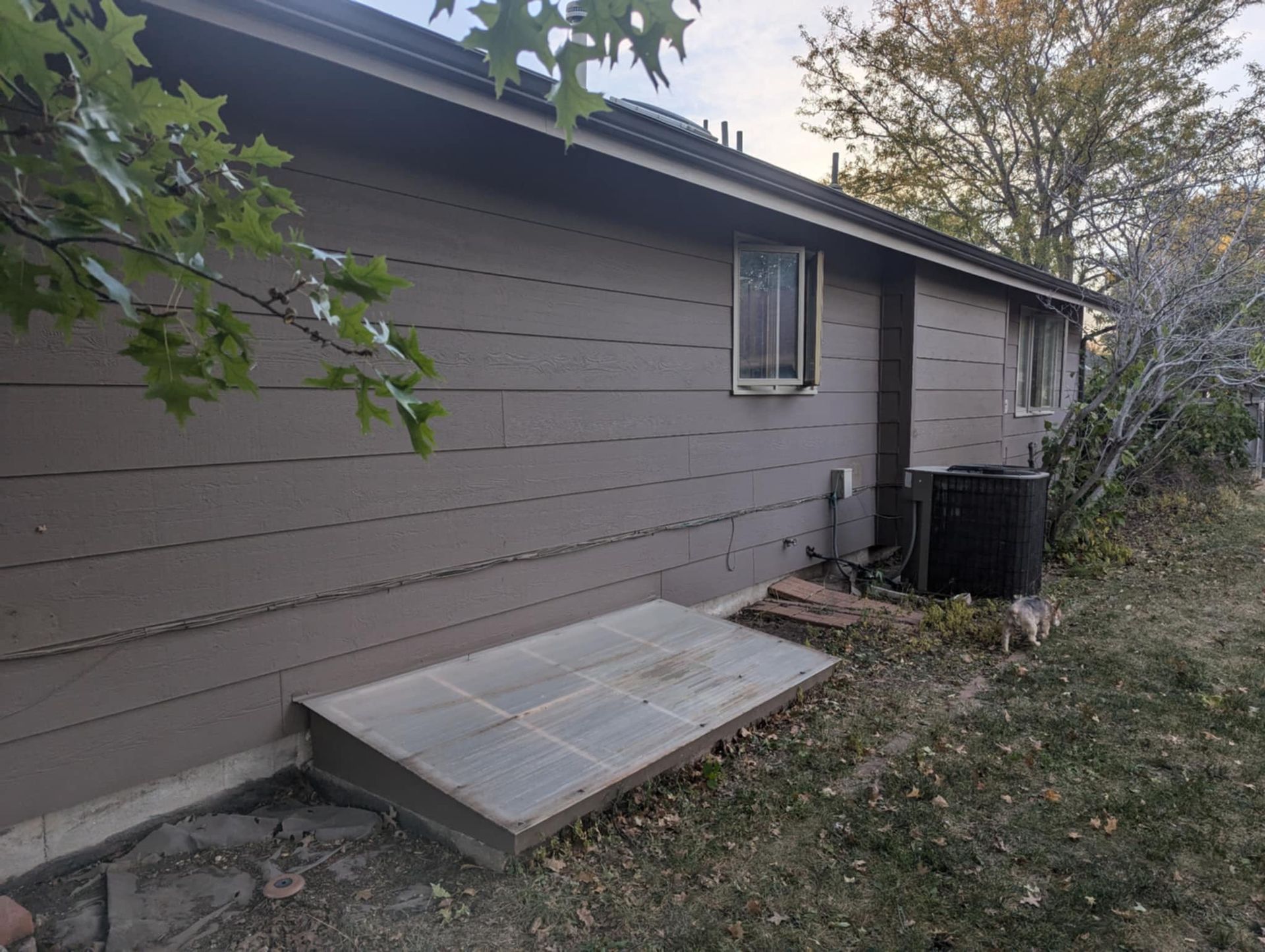 Side view of a brown house with a concrete basement entrance and AC unit.