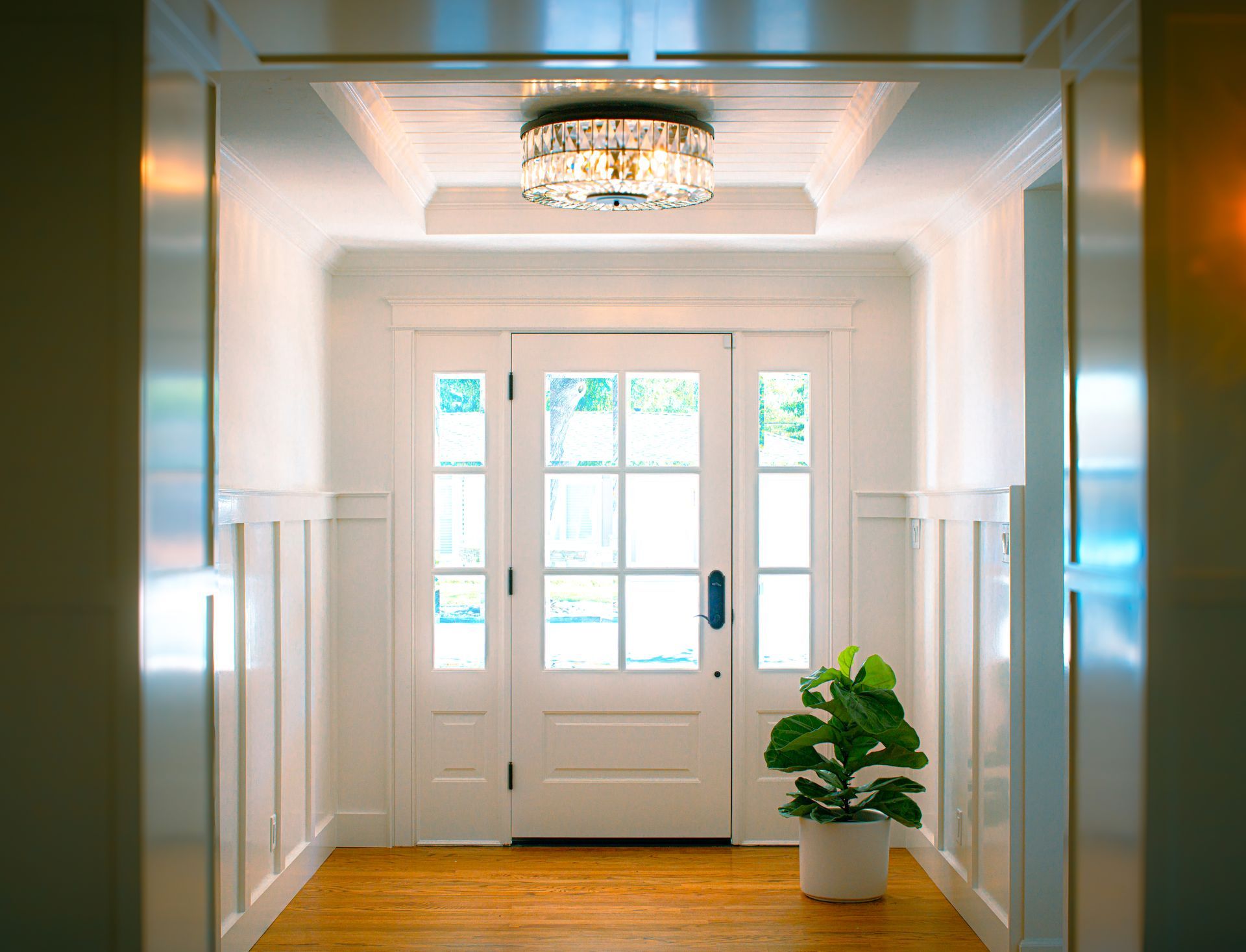 Bright entryway with white door, wood floors, and a potted plant. A crystal chandelier hangs above.
