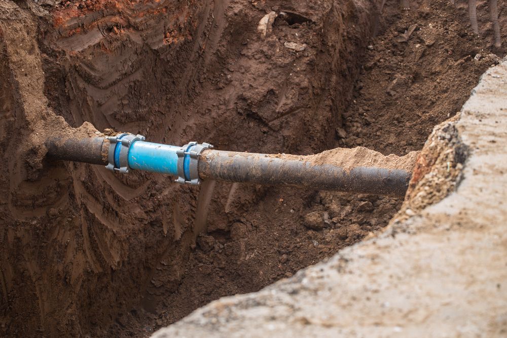 Trench With Buried Pipe, Two Blue Couplings Connect Sections — Oxplumb in Coolum Beach, QLD