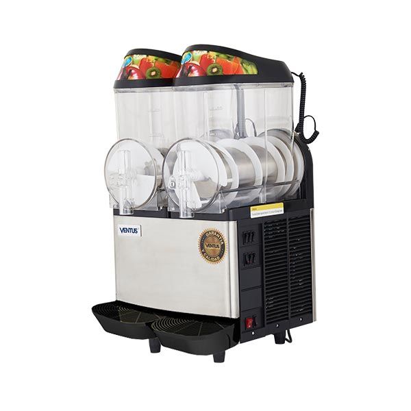 Una máquina para hacer granizados de doble barril con cuerpo de acero inoxidable y tapas con temática de frutas.
