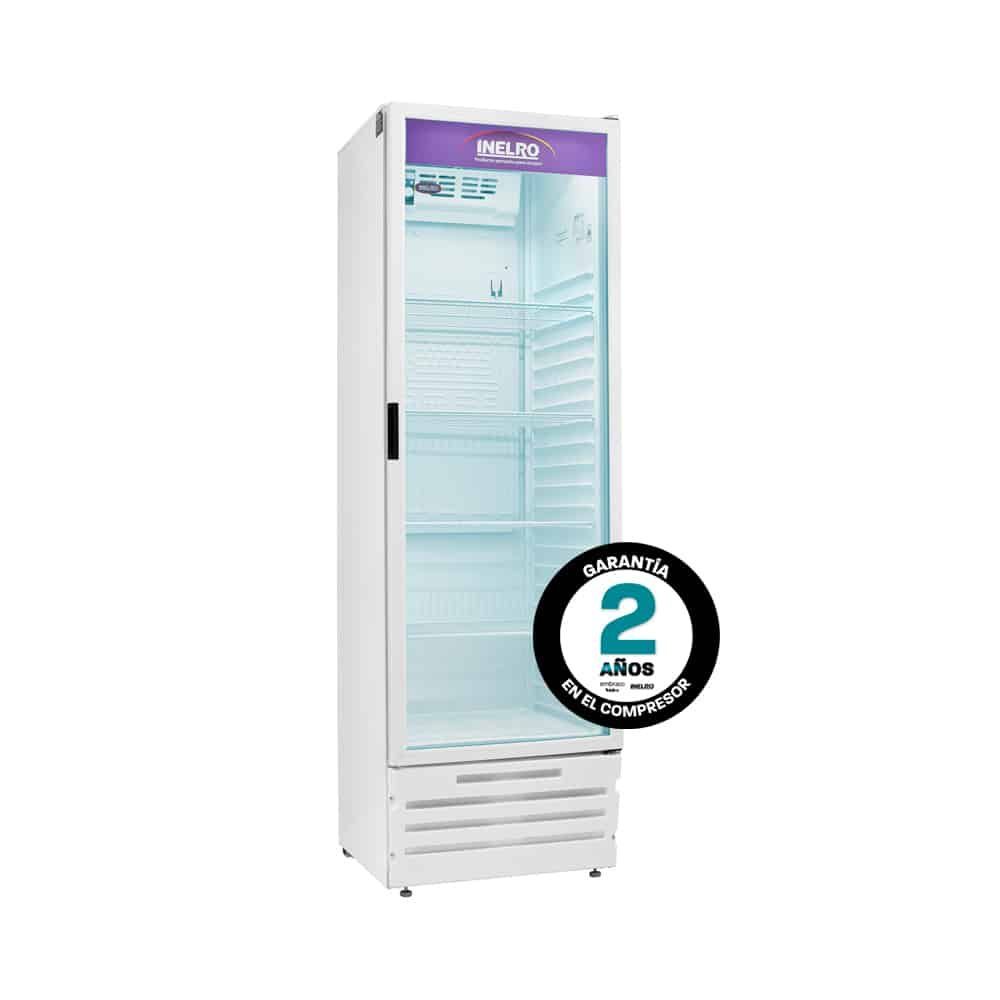 Refrigerador comercial Inelro color blanco con puerta de vidrio, estantes y sello de garantía de 2 años.