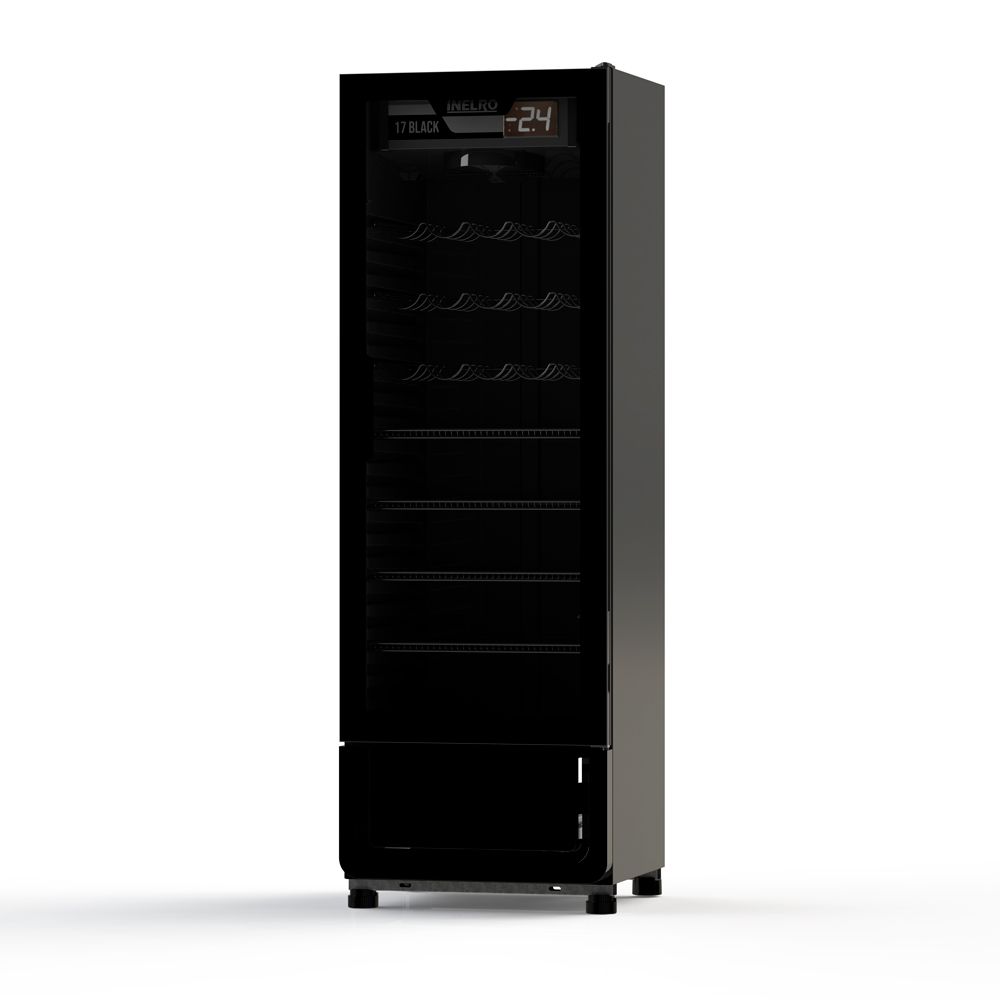Refrigerador comercial de exhibición negro con puerta de vidrio que muestra la temperatura.