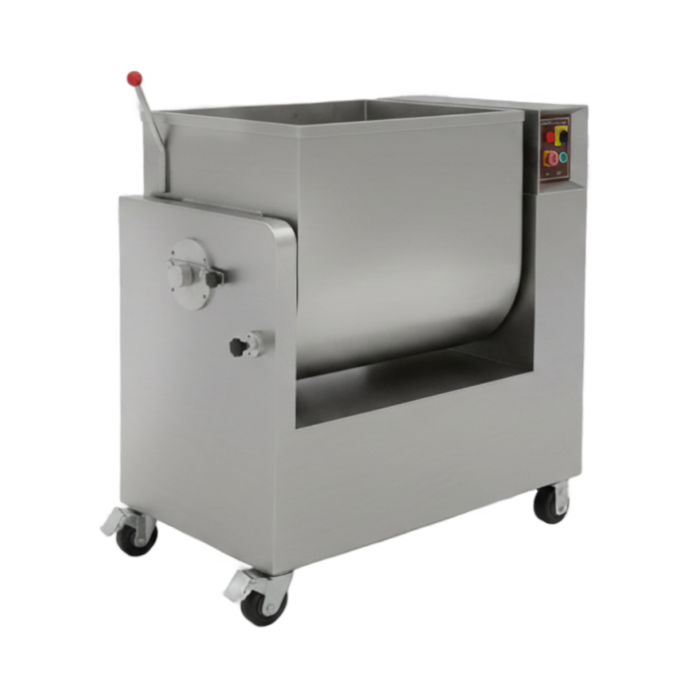 Mezcladora de carne industrial en acero inoxidable con contenedor abierto y panel de control.