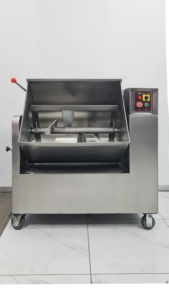 Mezcladora de carne industrial en acero inoxidable con contenedor abierto y panel de control.