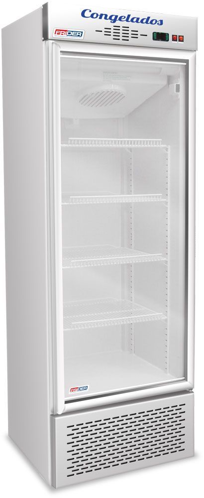 Congelador comercial blanco con puerta de cristal y estantes, con la palabra 