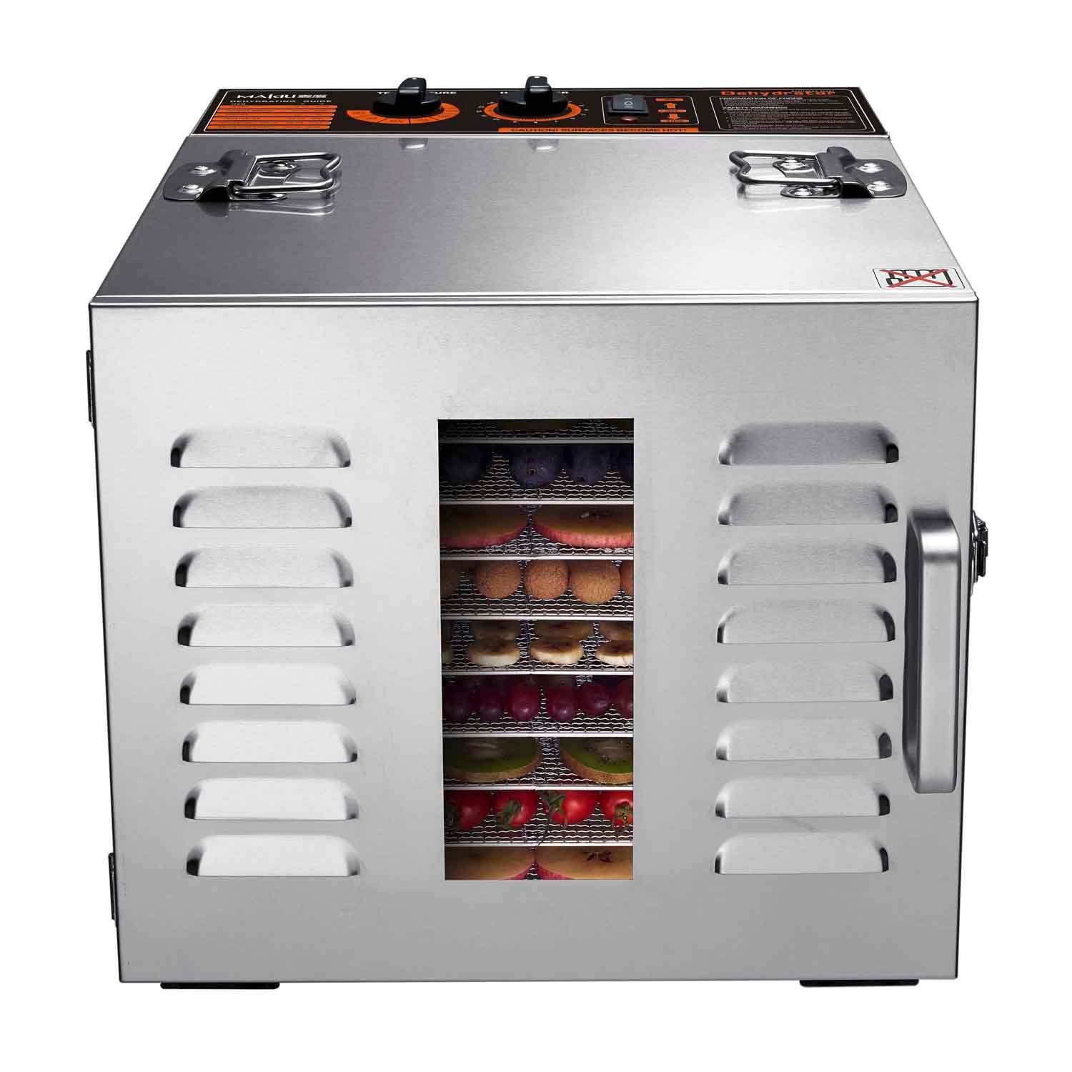 Deshidratador de alimentos de acero inoxidable con puerta transparente que revela bandejas de alimentos.