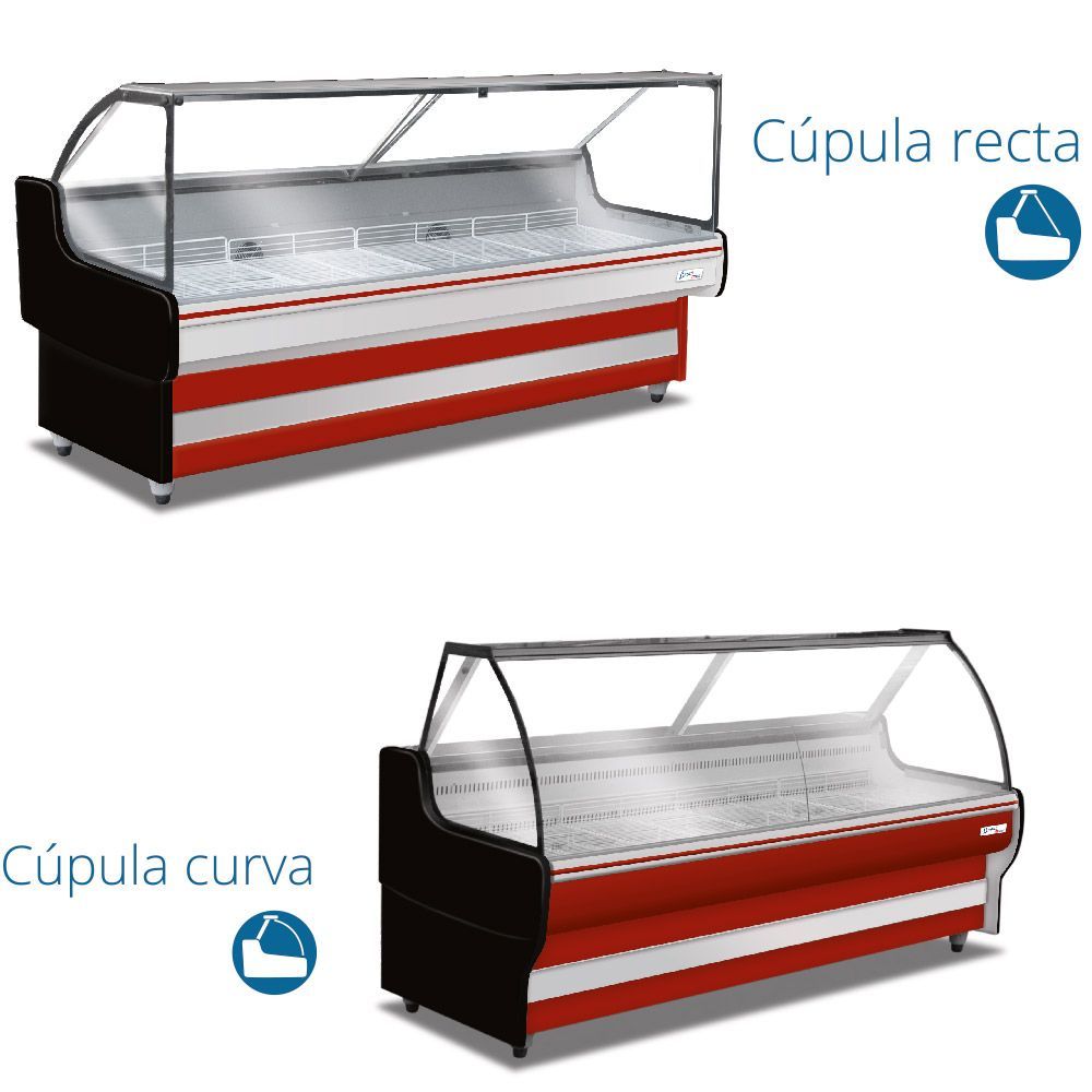 Dos vitrinas refrigeradas: una con tapa de cristal recta y otra con tapa de cristal curva. Ambas tienen detalles en rojo y negro.