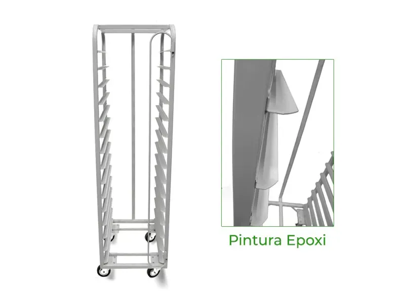 Estantería metálica utilitaria con múltiples estantes y ruedas, rotulada 