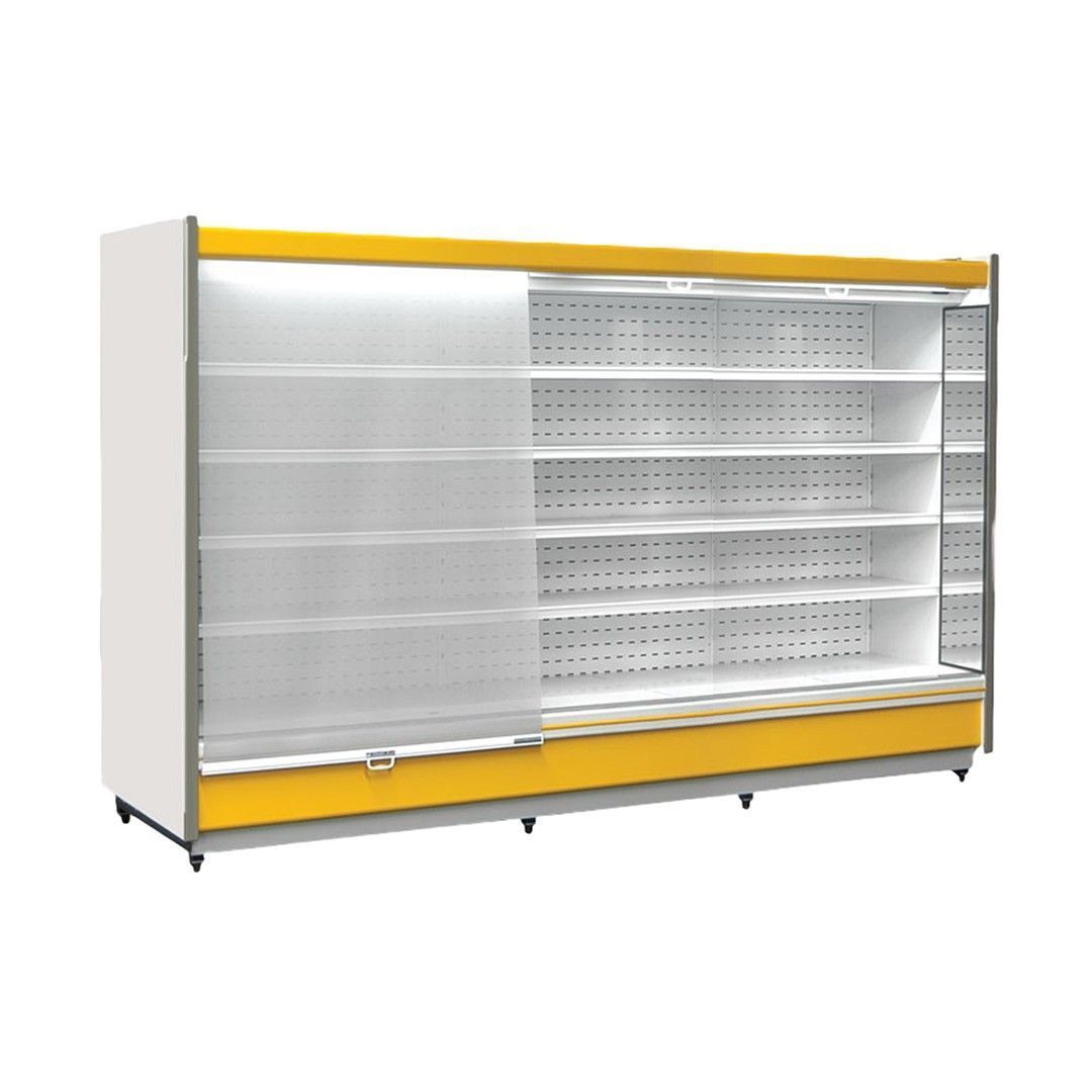 Vitrina refrigerada de color amarillo y blanco con puertas corredizas de cristal y múltiples estantes.