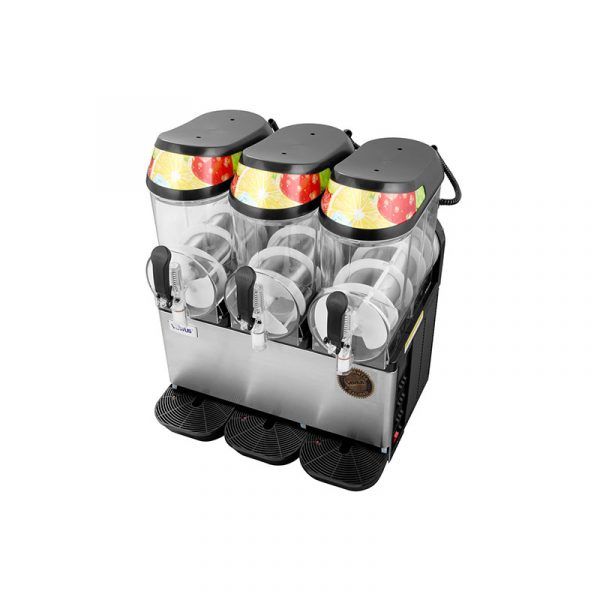 Dispensador de bebidas congeladas de tres recipientes con tres caños, de color negro, de acero inoxidable y con tapas con forma de fruta.