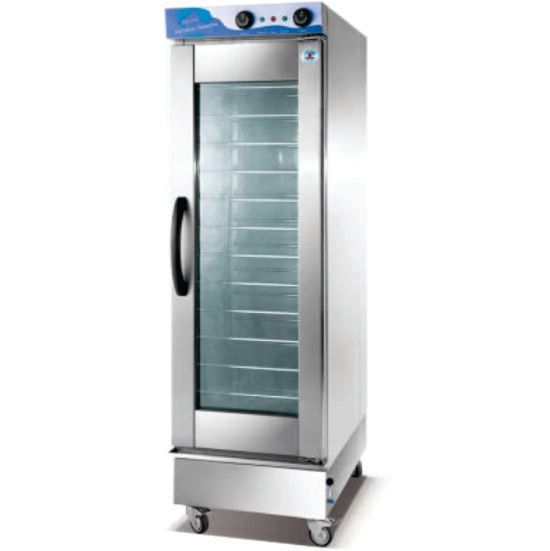 Horno de convección comercial de acero inoxidable con puerta de vidrio y panel de control.