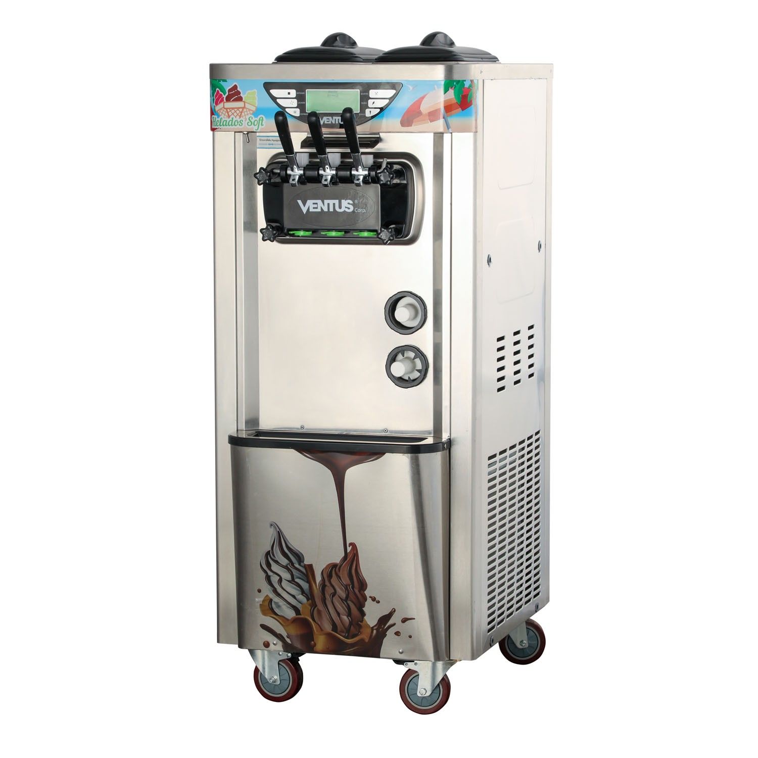 Máquina de helado suave de acero inoxidable con tres manijas dispensadoras sobre un carrito con ruedas.