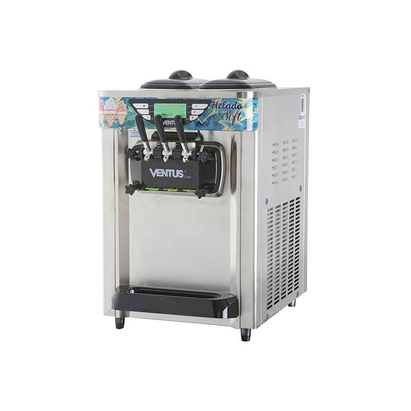 Máquina de helado suave de acero inoxidable con tres manijas dispensadoras.