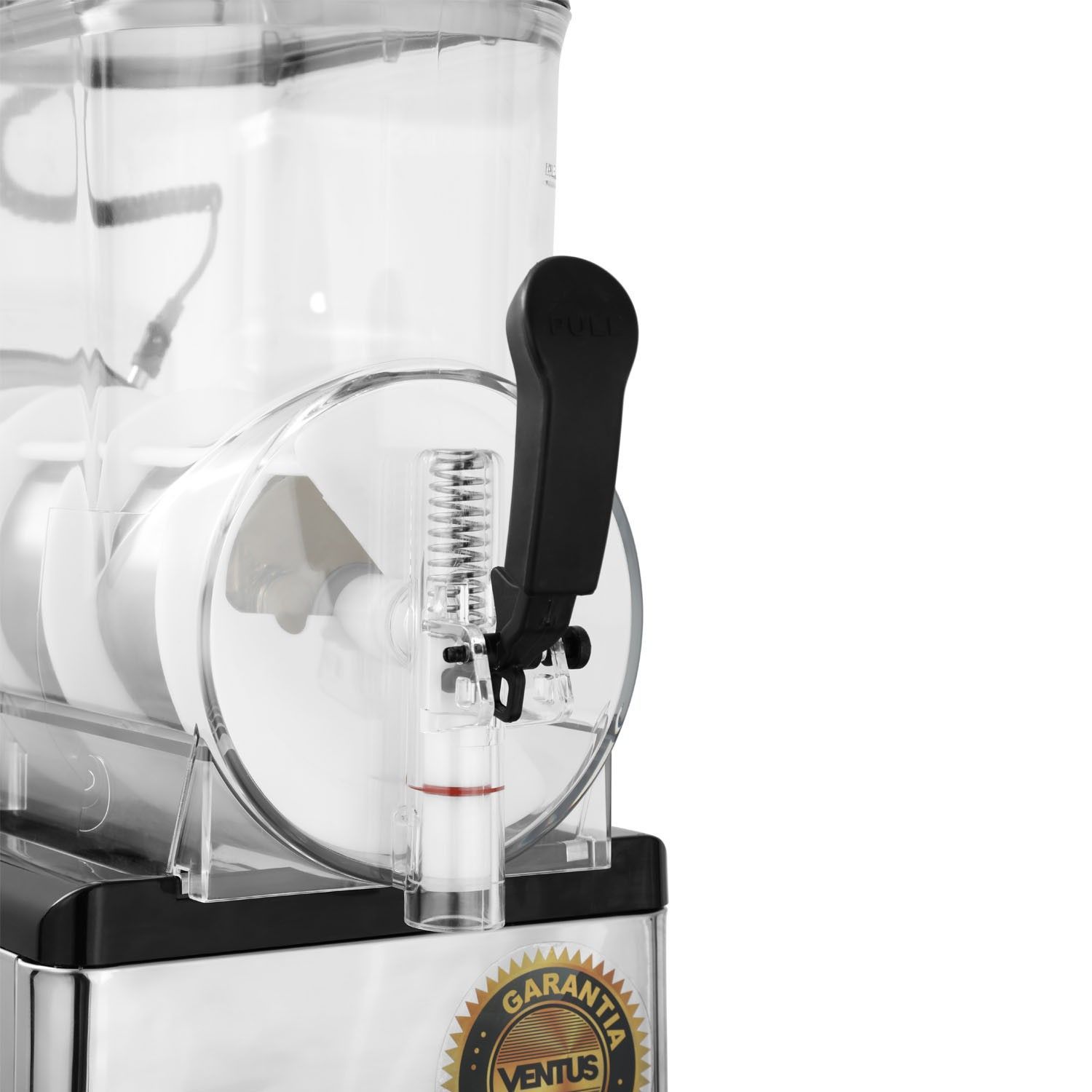 Máquina de granizados con cuerpo de acero inoxidable y recipiente de bebida transparente, con tapa negra y pico dispensador.