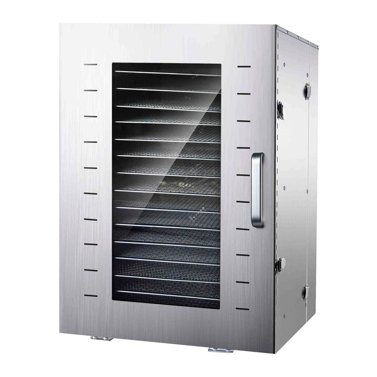 Deshidratador de alimentos de acero inoxidable con puerta de cristal y múltiples bandejas.