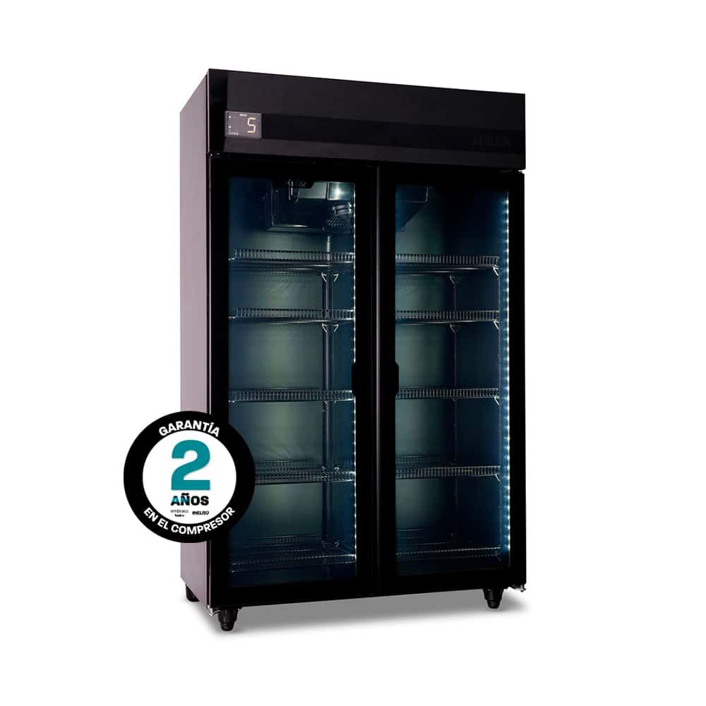 Refrigerador comercial negro con dos puertas de vidrio. Incluye 2 años de garantía en el compresor.