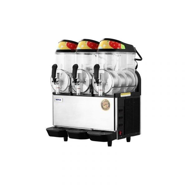 Dispensador de bebidas congeladas de tres recipientes con tres caños, de color negro, de acero inoxidable y con tapas con forma de fruta.