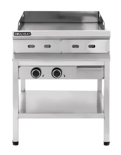 Cocina a gas comercial de acero inoxidable con cuatro quemadores, estante y perillas de control.