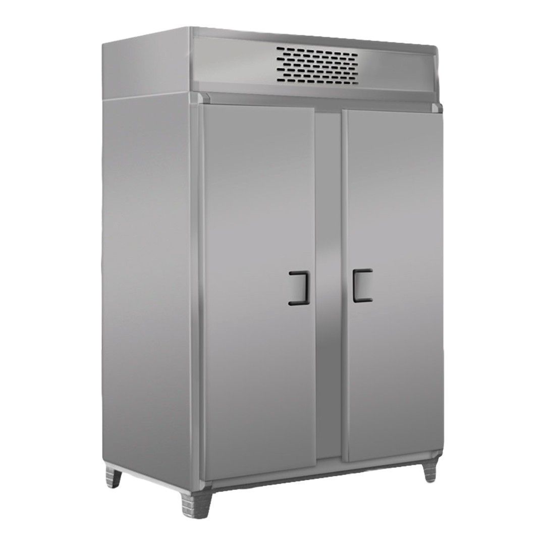 Refrigerador comercial de acero inoxidable con dos puertas.